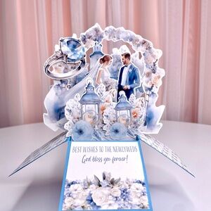 Beautiful Wedding Pop UP Box Card | White & Blue| Just Married | Best Wishes
